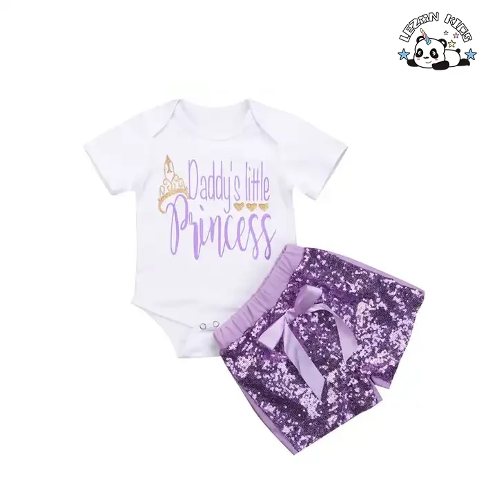 LEZONKIDS - Conjuntos de Roupas de Meninas com Shorts de Algodão Estampado com Letras de Manga Curta e Lantejoulas Roxas da Fábrica Profissional